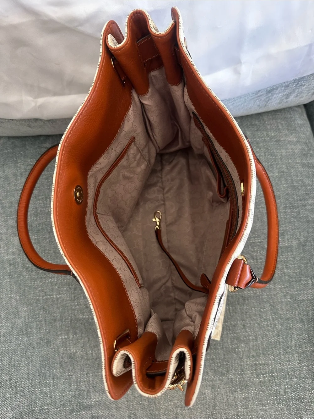 Michael Kors Cream Signature MK Satchel with Brown Leather Trim